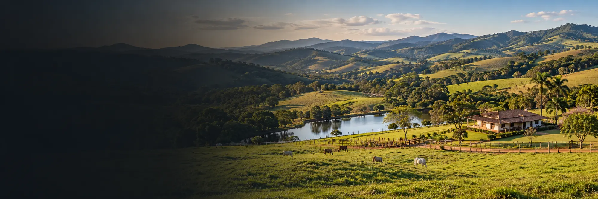 Fazenda com sede colonial, represa e gado no pasto na Serra da Mantiqueira — fazendas à venda no Sul de Minas